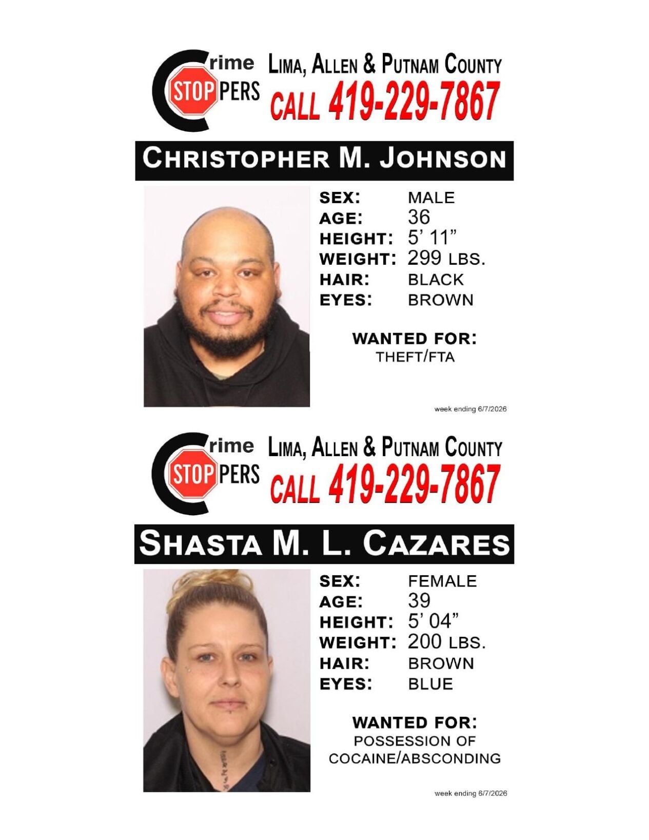 Lima/Allen-Putnam County Crime Stoppers Wanted Persons of the Week - June 1, 2026