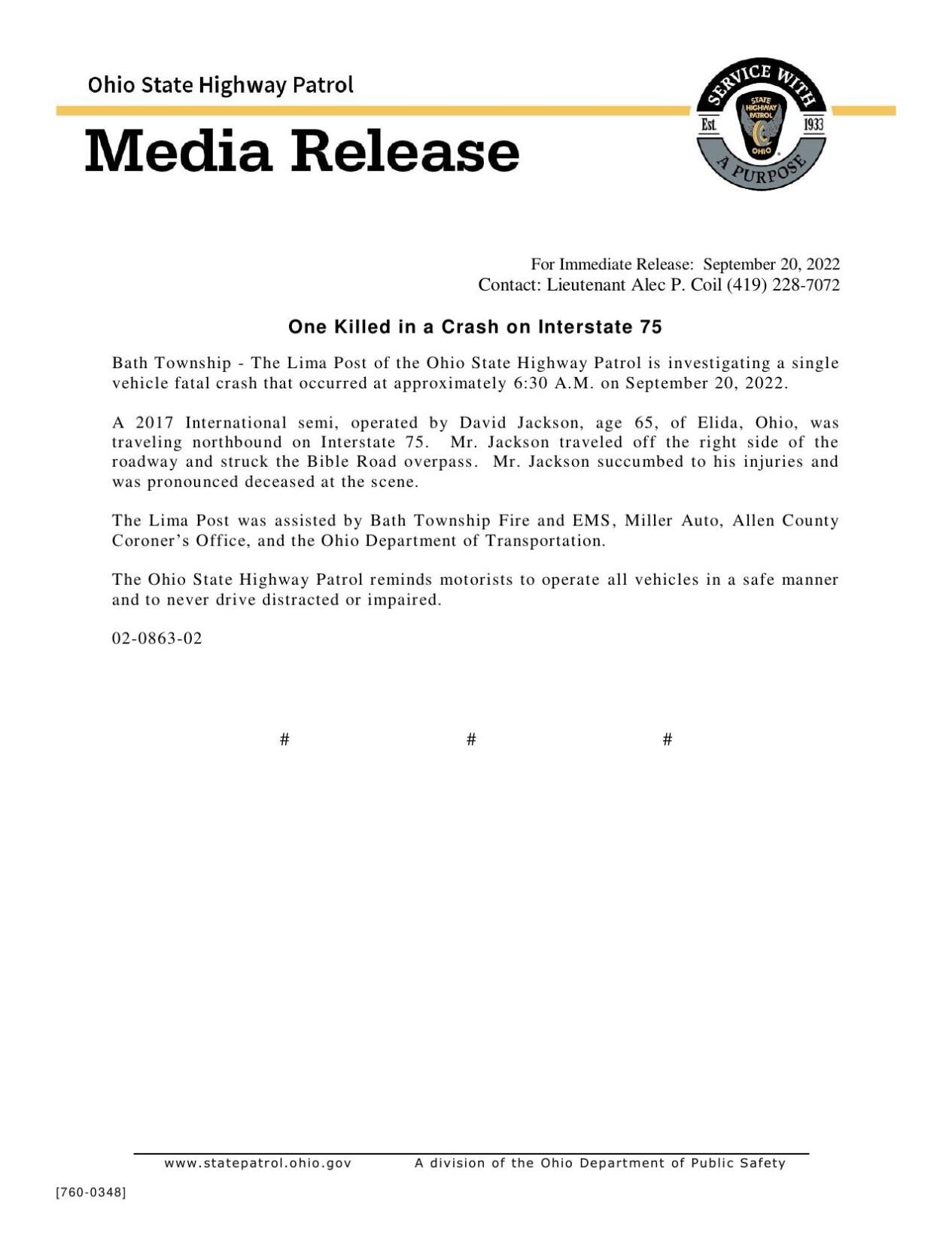 One Killed in a Crash on Interstate 75 Press Release