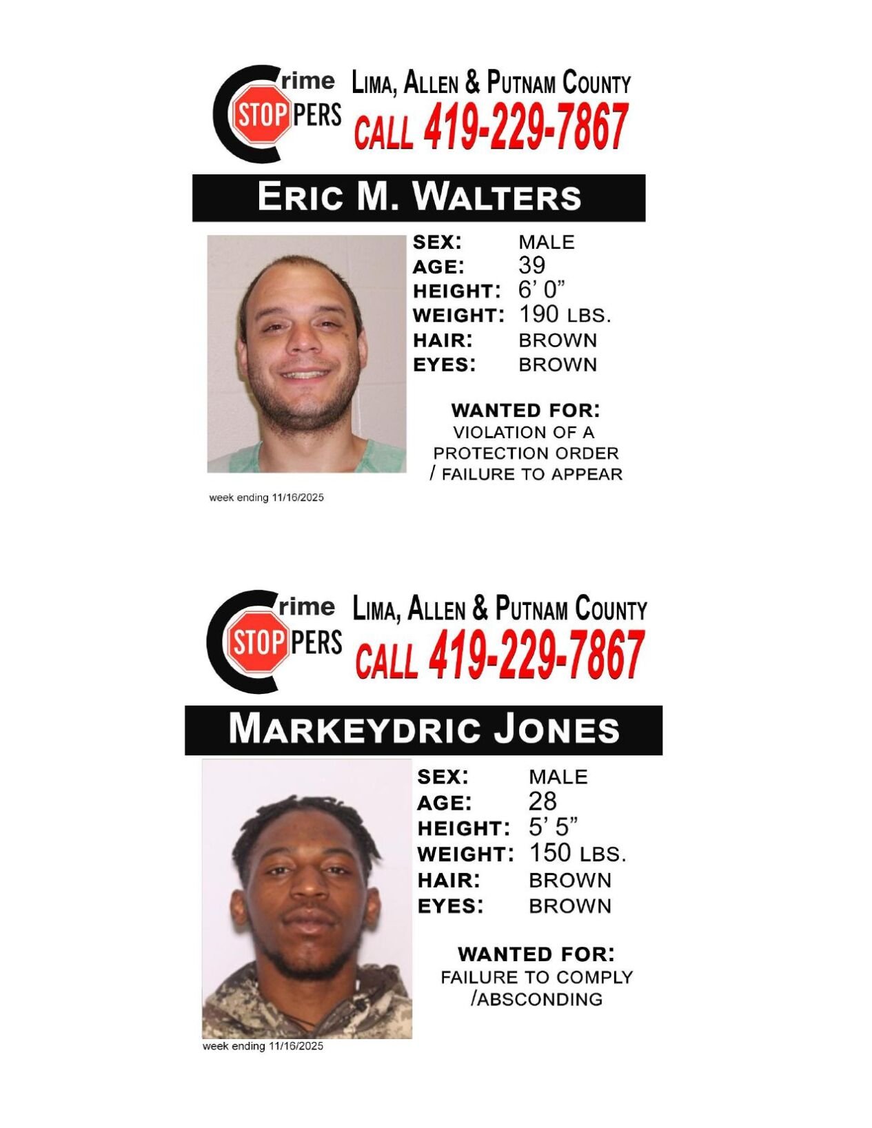 Lima/Allen-Putnam County Crime Stoppers Wanted Persons of the Week - November 10, 2025