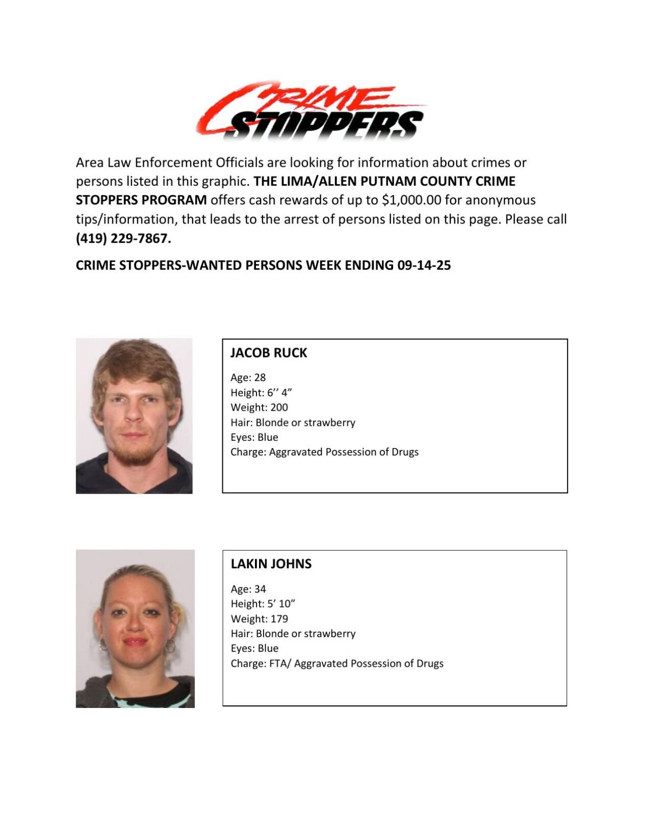 Lima/Allen-Putnam County Crime Stoppers Wanted Persons of the Week - September 8, 2025
