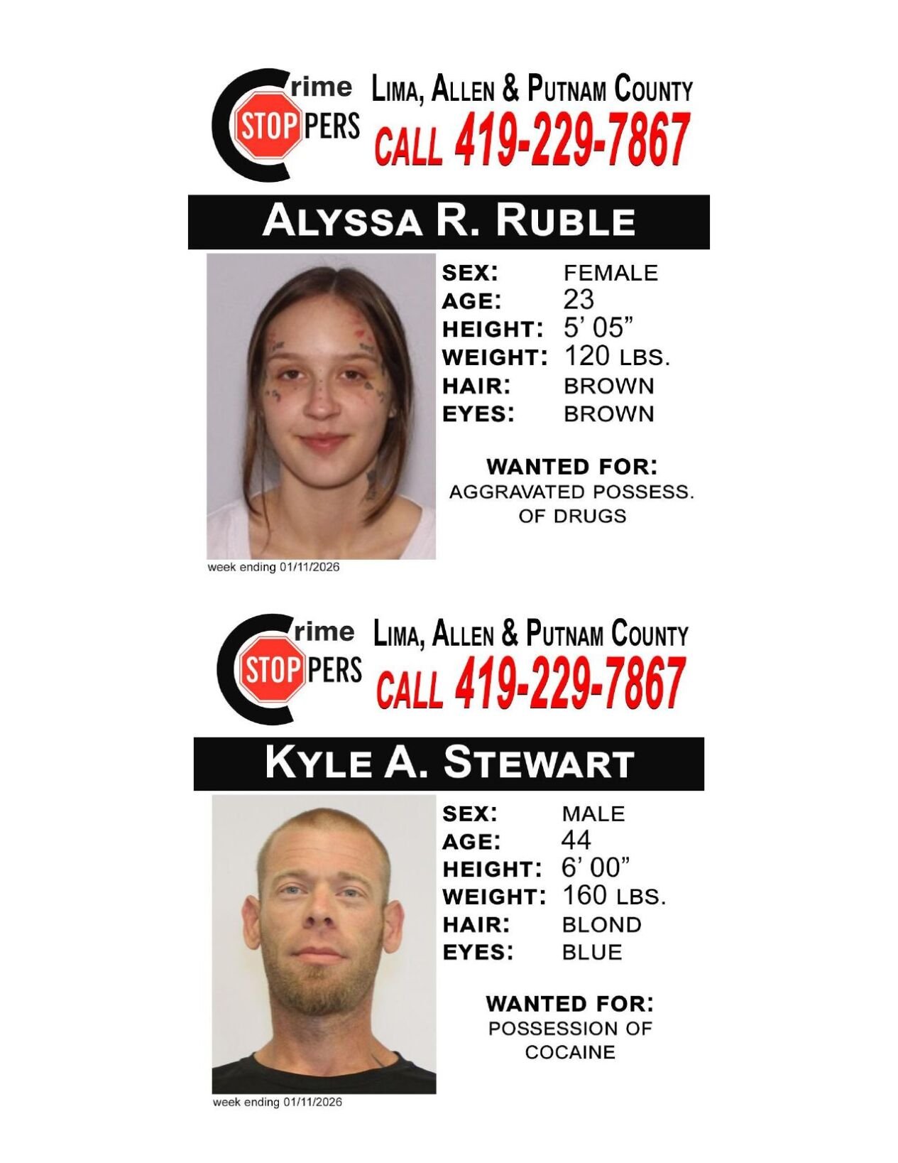 Lima/Allen-Putnam County Crime Stoppers Wanted Persons of the Week - January 5, 2025