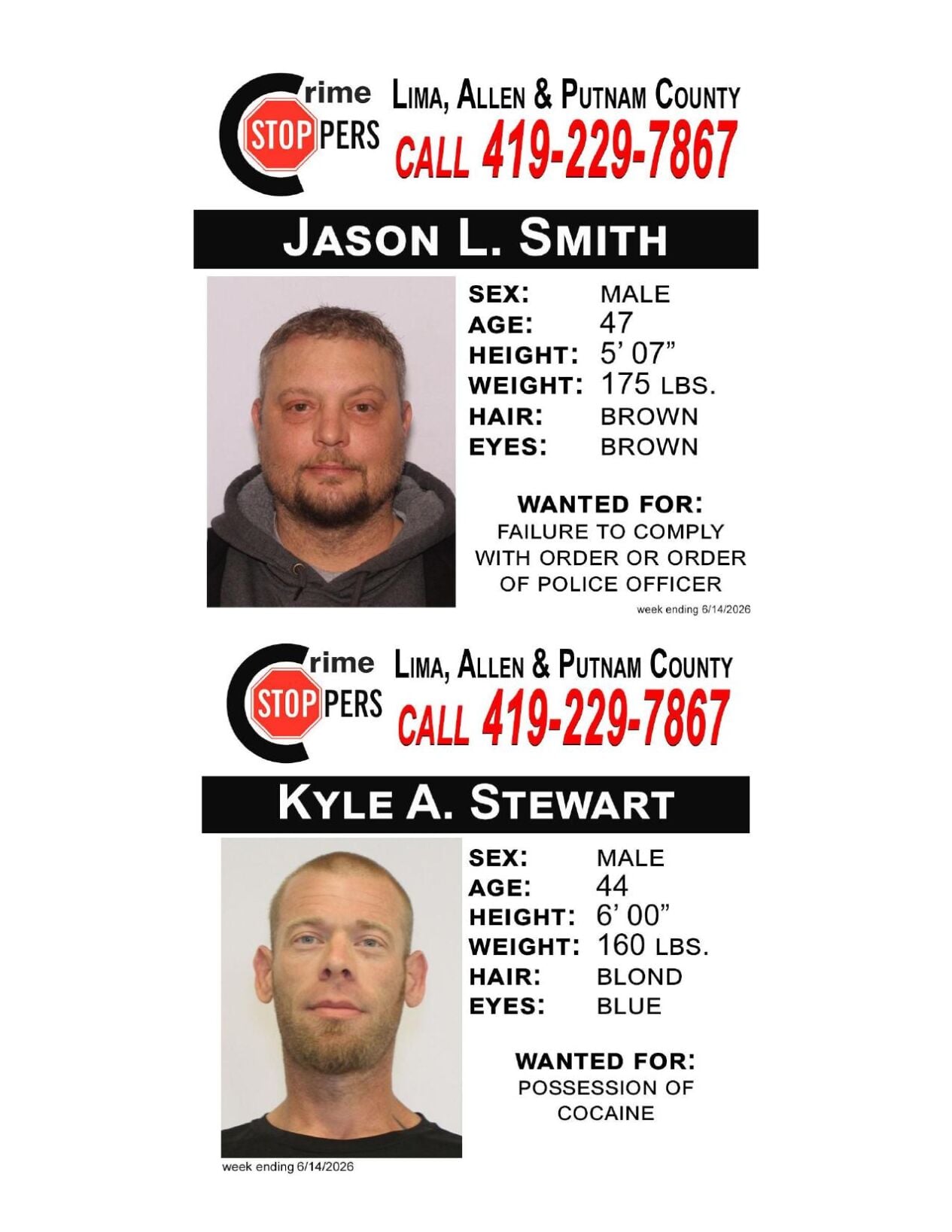 Lima/Allen-Putnam County Crime Stoppers Wanted Persons of the Week - June 8, 2026