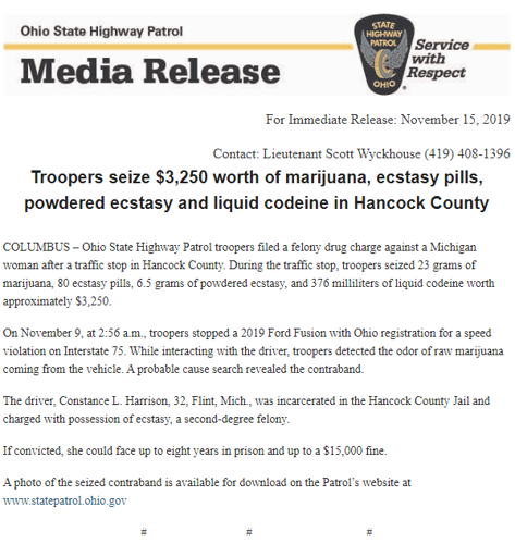 Troopers seize marijuana and ecstasy pills in Hancock County Media Release