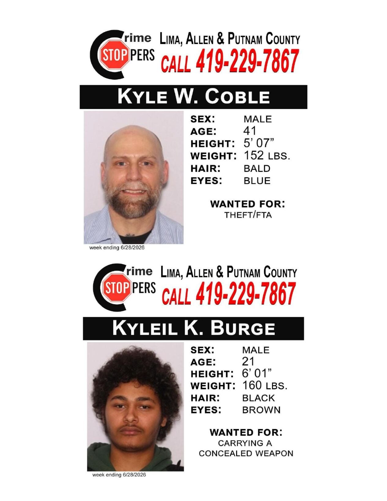 Lima/Allen-Putnam County Crime Stoppers Wanted Persons of the Week - June 22, 2026