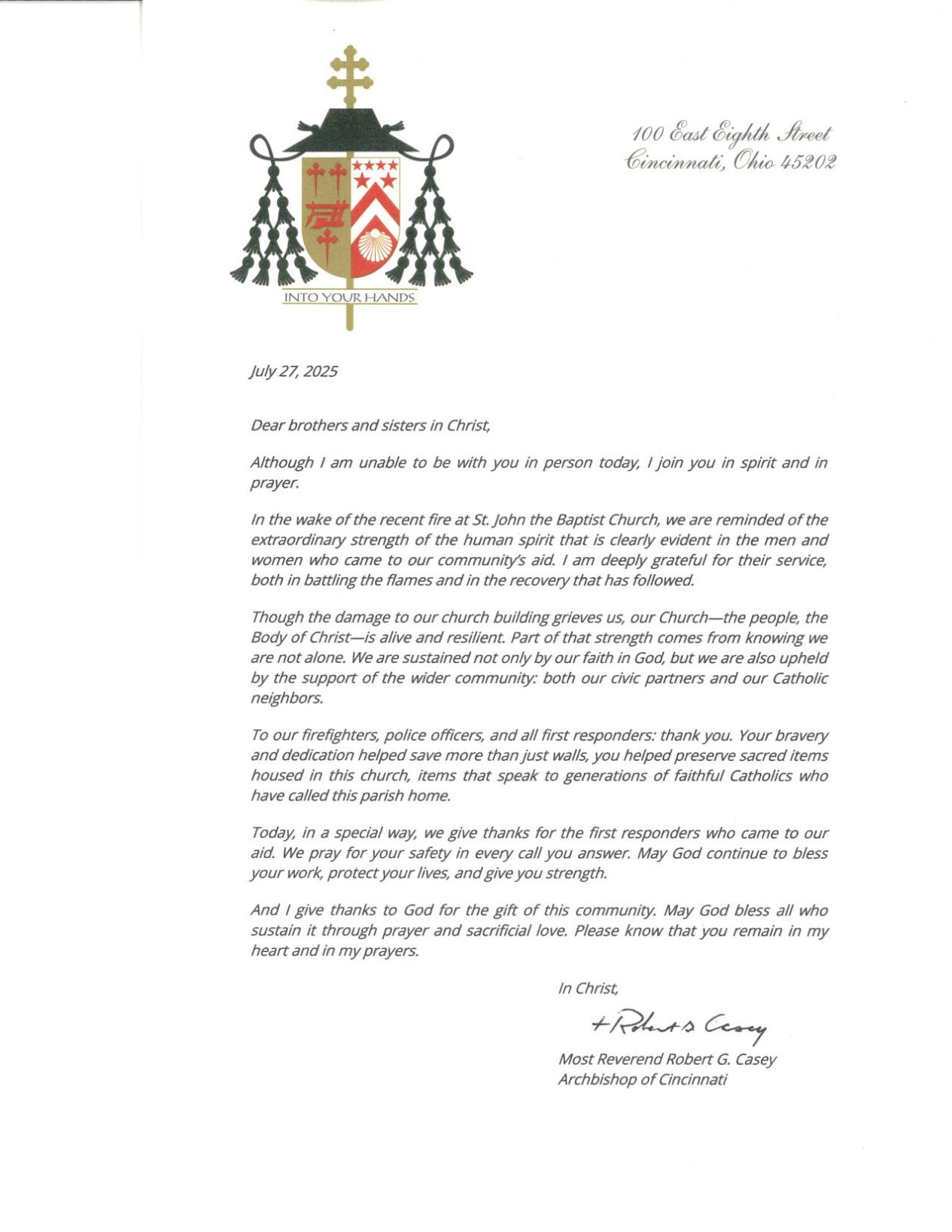 Message to Firefighters from Archbishop Casey