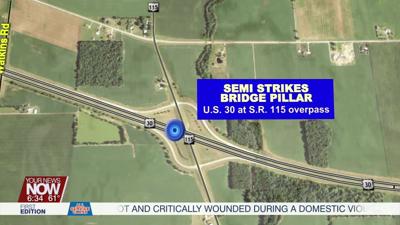 Driver seriously injured after semi strikes bridge pillar on US Route 30
