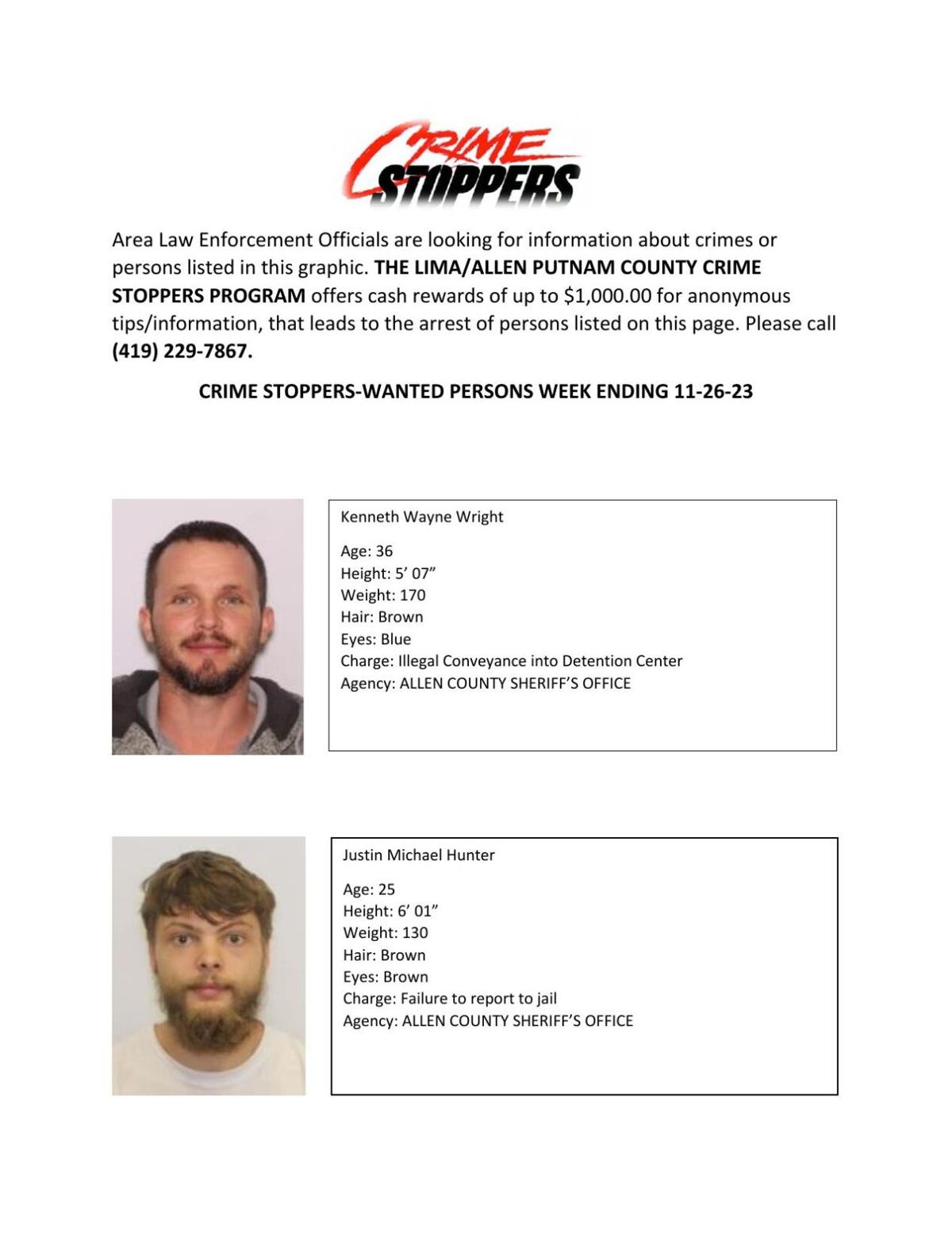 Lima/AllenPutnam County Crime Stoppers Wanted Persons of the Week