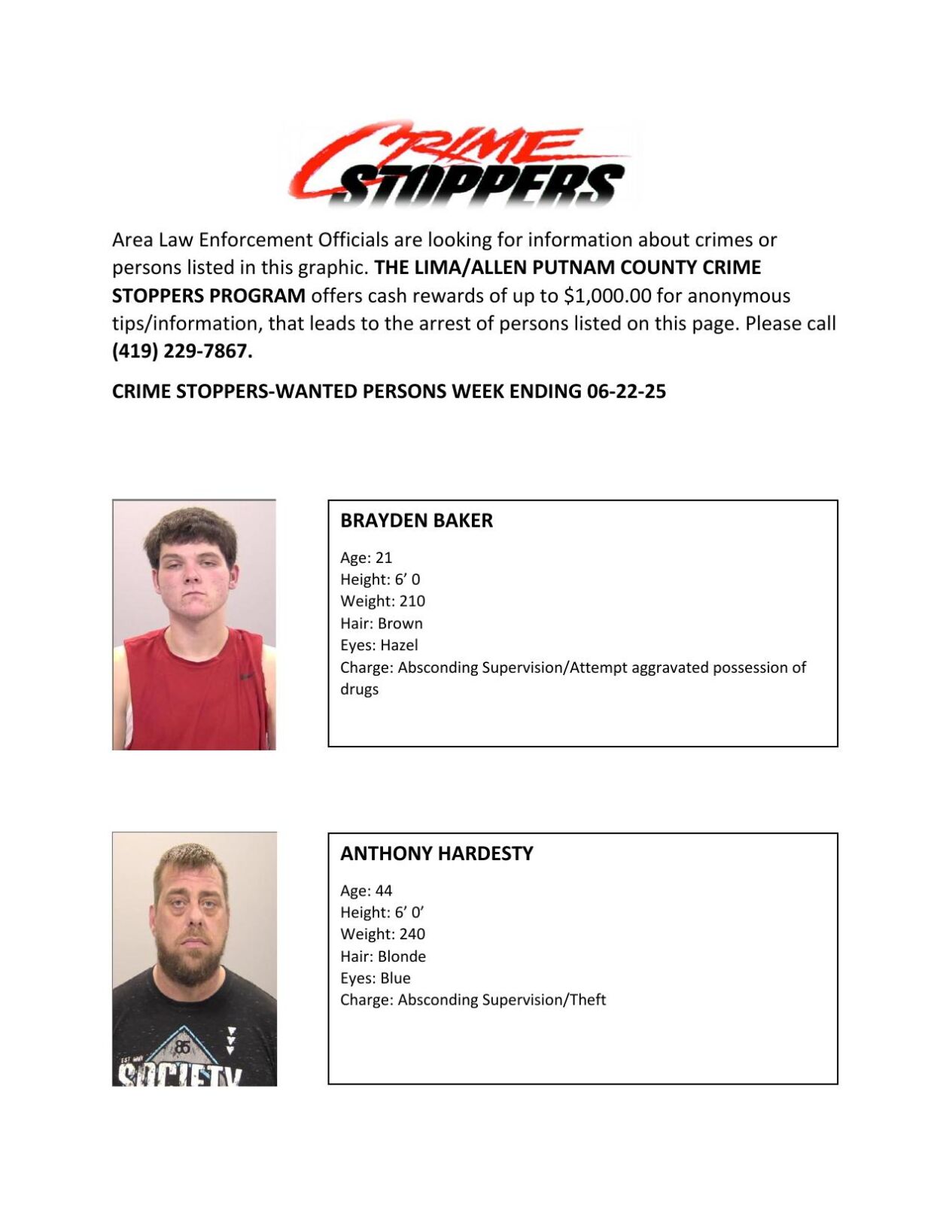 Lima/Allen-Putnam County Crime Stoppers Wanted Persons of the Week - June 16, 2025
