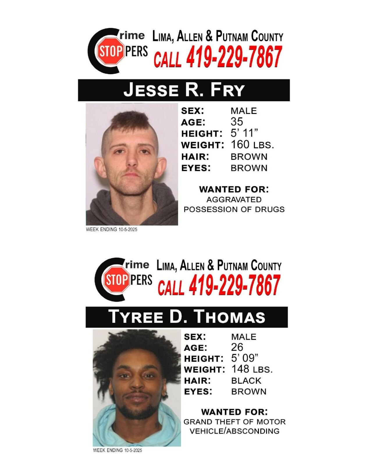Lima/Allen-Putnam County Crime Stoppers Wanted Persons of the Week - September 29, 2025