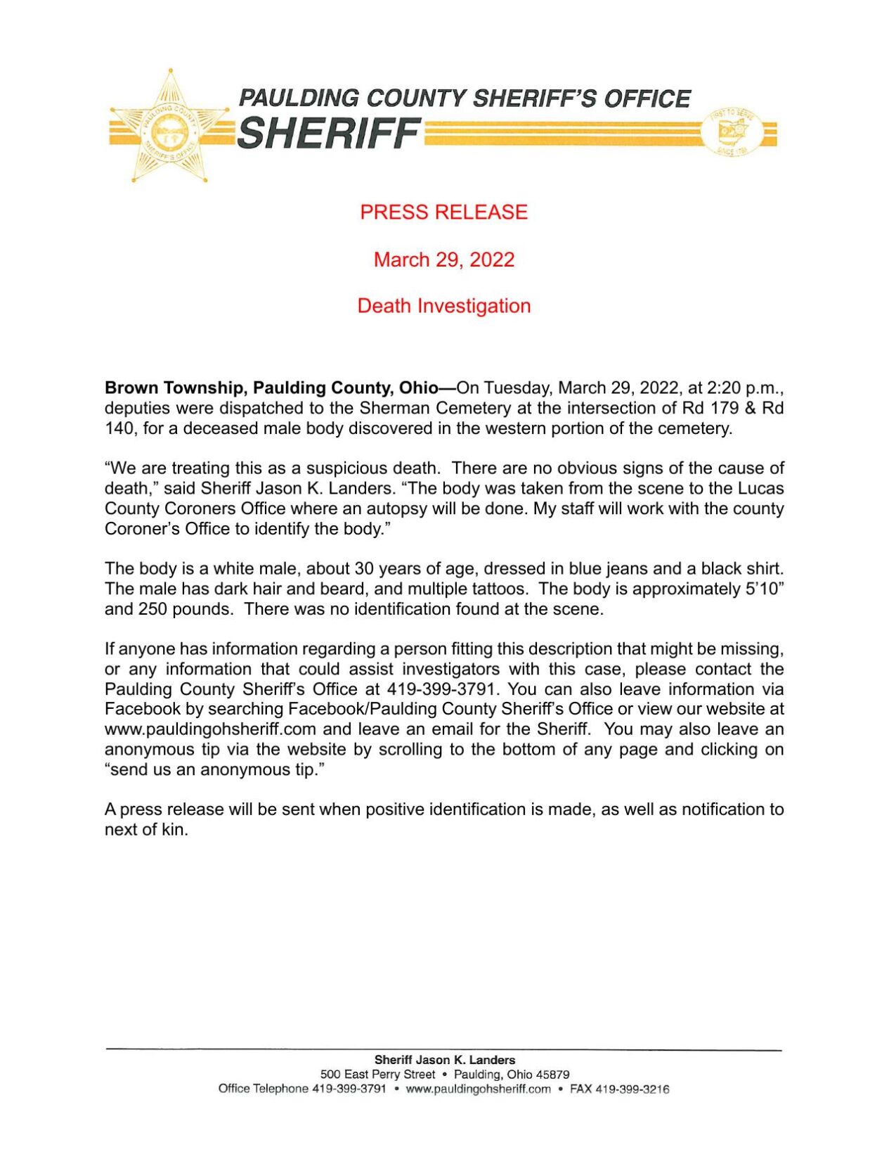 Body Discovered Press Release
