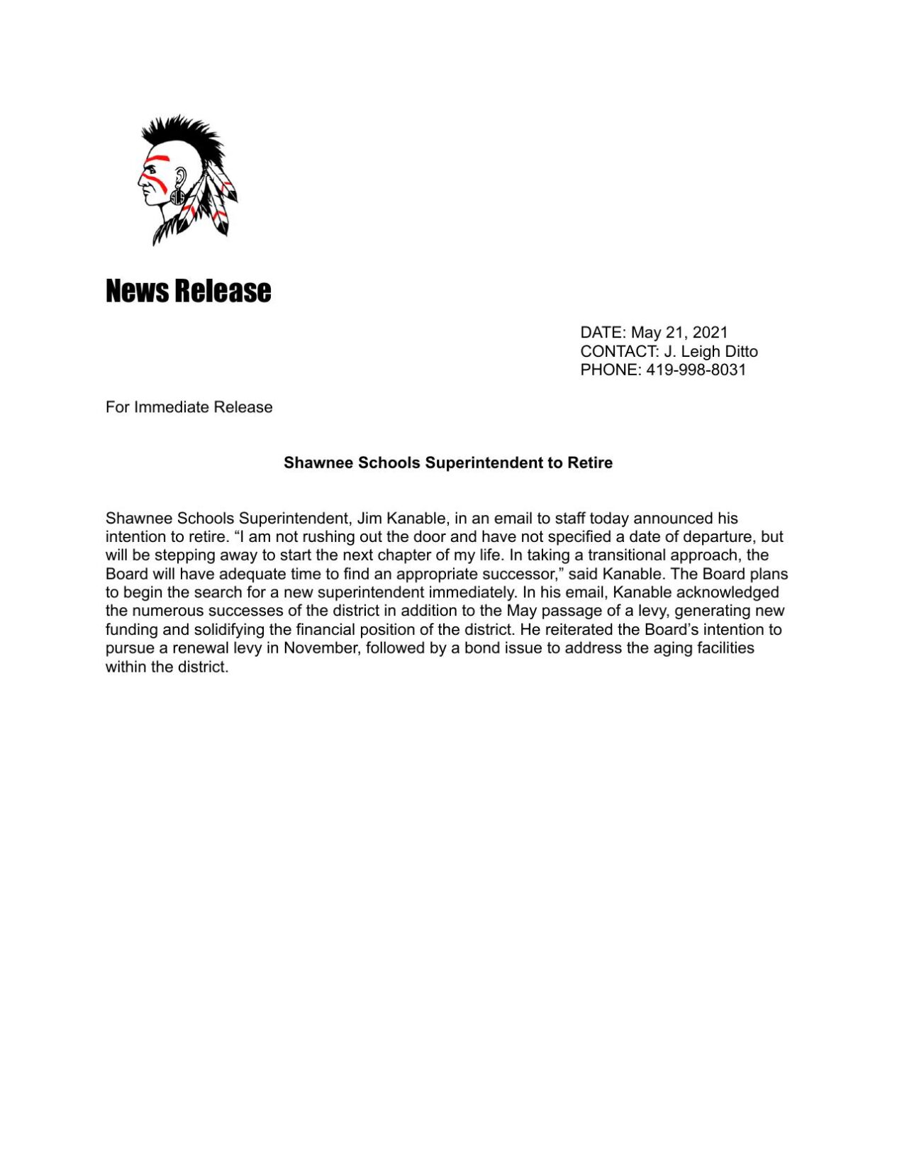 Shawnee Superintendent Retire Press Release