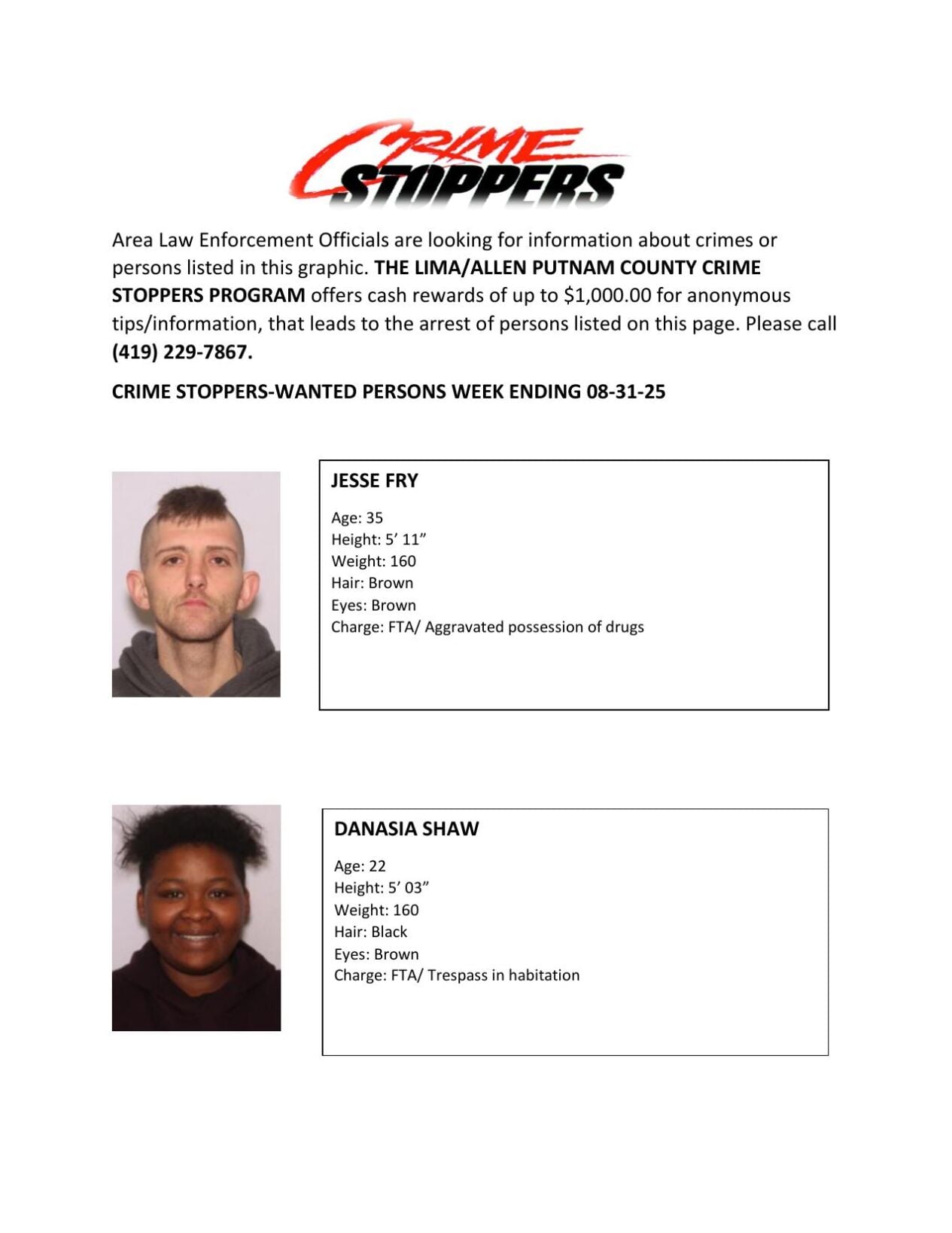 Lima/Allen-Putnam County Crime Stoppers Wanted Persons of the Week - August 25, 2025