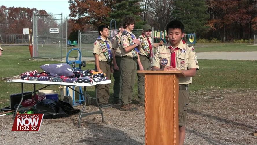 Boy Scout organizes flag retirement ceremony for community service project towards Eagle Scout rank