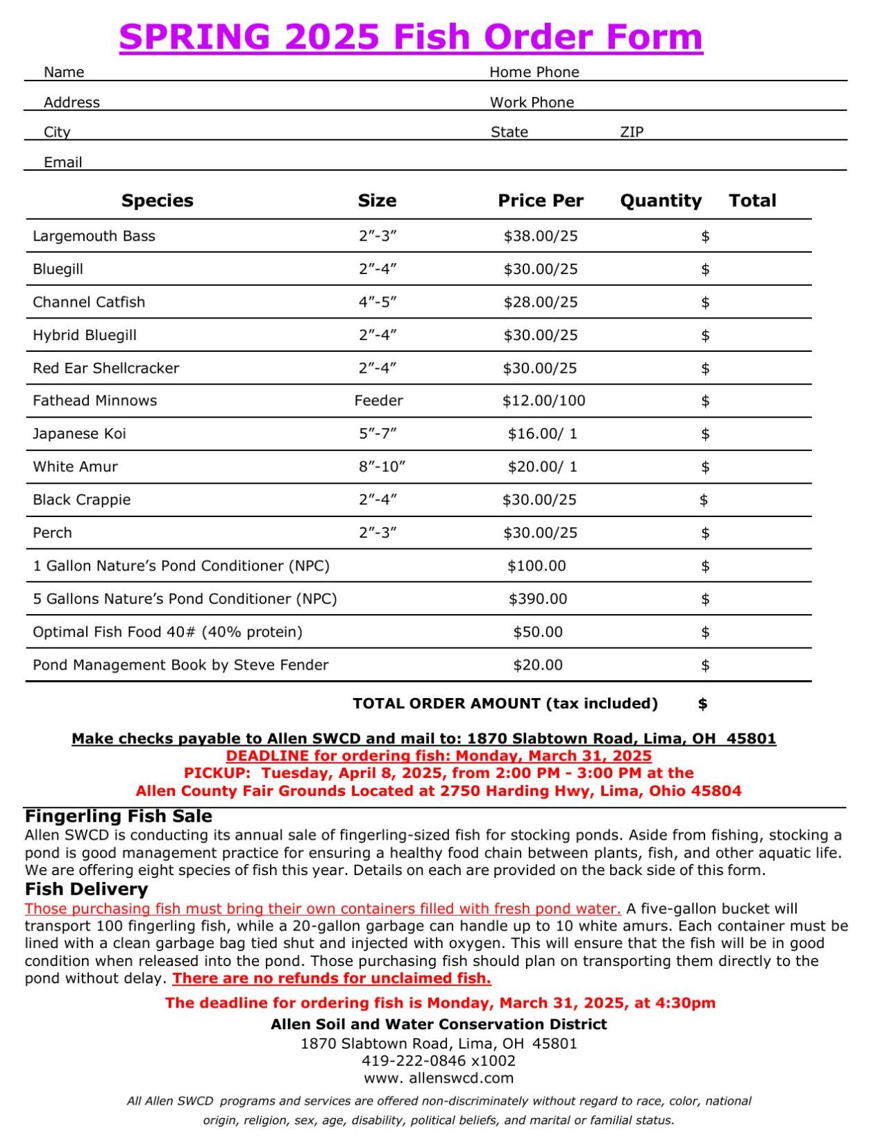 2025 Allen Soil & Water fish order form