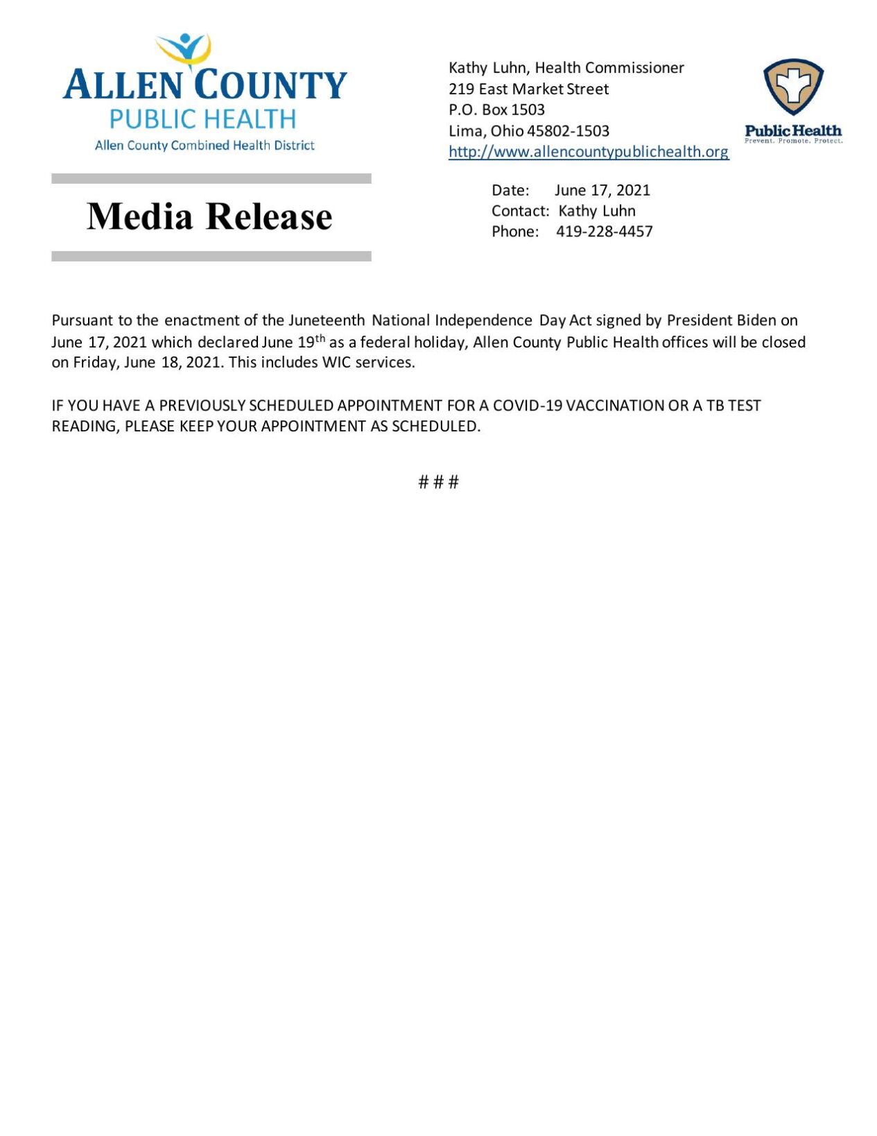 Allen Co. Public Health closed Juneteenth
