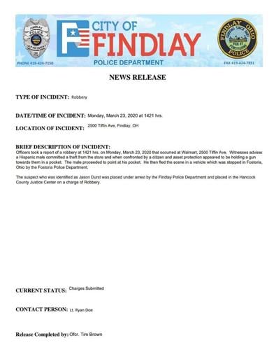 Findlay Police Department Robbery Press Release
