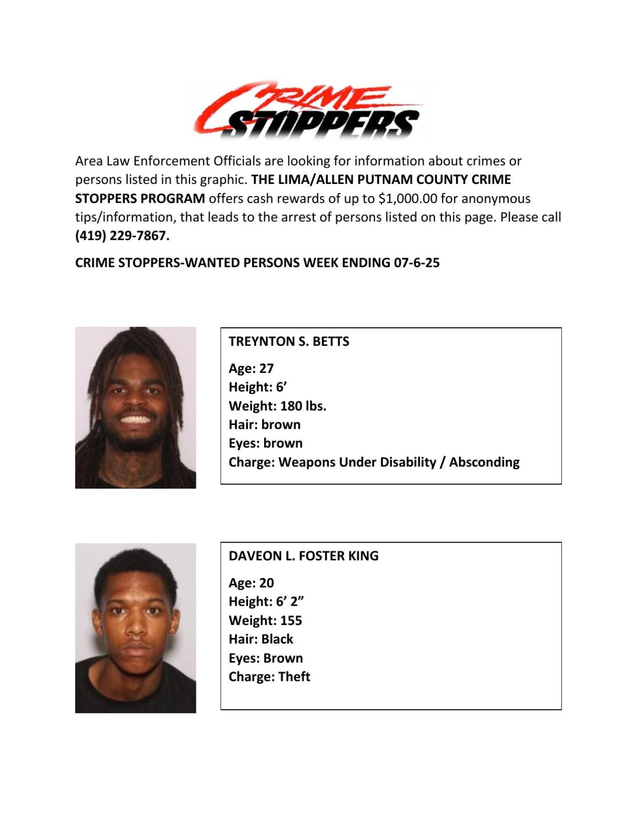 Lima/Allen-Putnam County Crime Stoppers Wanted Persons of the Week - June 23, 2025