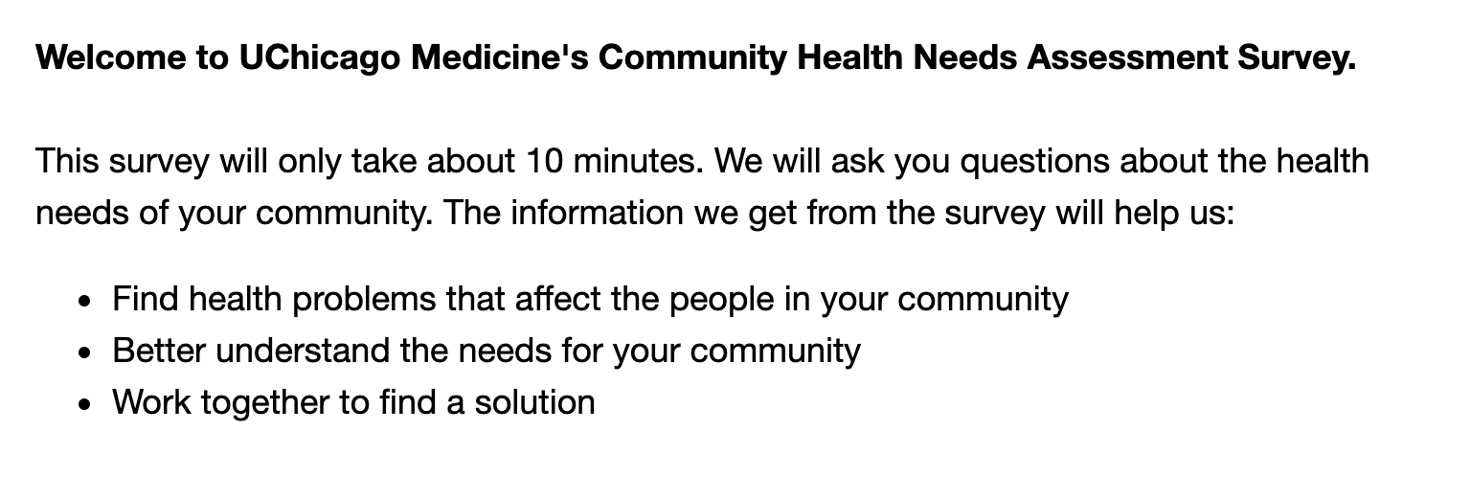 UChicago Medicine doing Community Health Needs Assessment, which