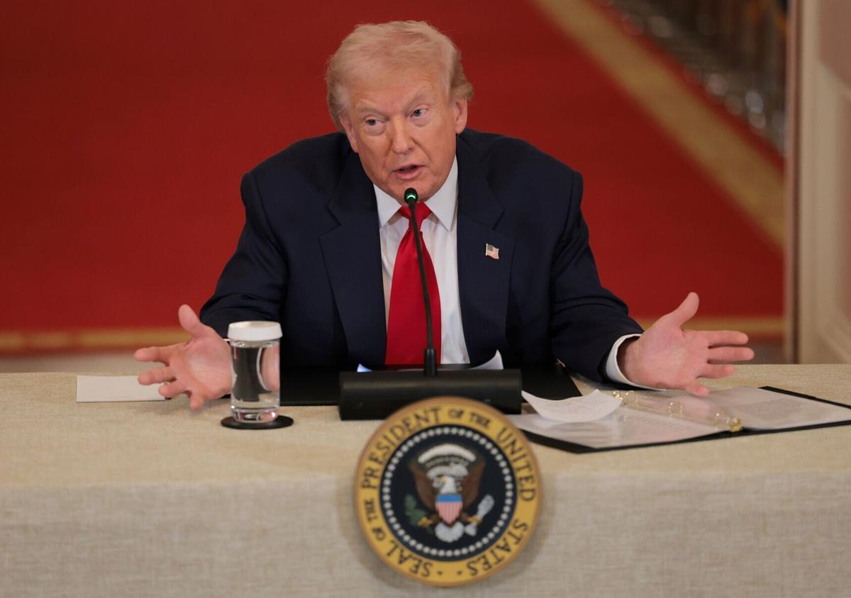 U.S. President Donald Trump speaks during a roundtable discussion on college sports in the East Room of the White House on March 6, 2026, in Washington, D.C..