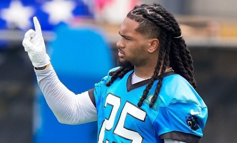 Jun 9, 2026; Charlotte, NC, USA; Carolina Panthers running back Jonathan Brooks (25) during the first day of mini camp at Bank of America Stadium practice facility. Mandatory Credit: Jim Dedmon-Imagn Images
