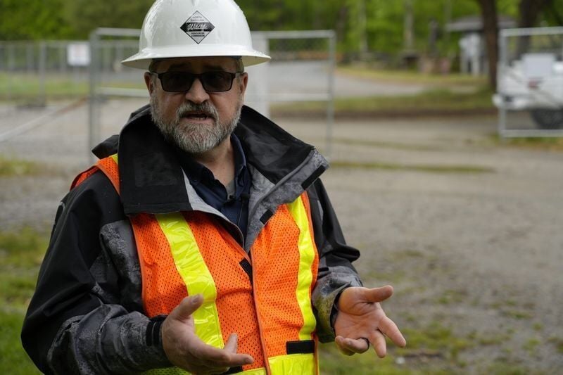 Fish Production Supervisor David Deaton speaks to media about construction at the Bobby N. Setzer State Fish Hatchery in Pisgah National Forest, May 6, 2026.