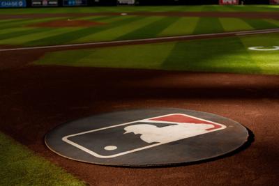 A general view of the MLB logo before the start of a game between the Cincinnati Reds and Arizona Diamondbacks at Chase Field.