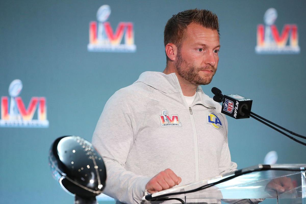 Head coach Sean McVay of the Los Angeles Rams speaks to the media during the Super Bowl LVI head coach and MVP press conference at Los Angeles Convention Center on February 14, 2022, in Los Angeles, California.