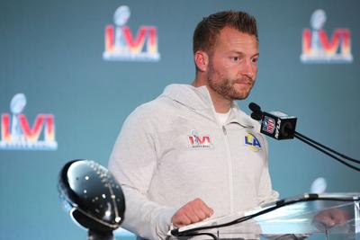 Head coach Sean McVay of the Los Angeles Rams speaks to the media during the Super Bowl LVI head coach and MVP press conference at Los Angeles Convention Center on February 14, 2022, in Los Angeles, California.