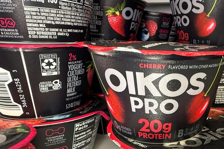 Danone Oikos Pro, protein-packed yogurt, for sale in a cooler at a grocery store in Port Washington, New York (copy)