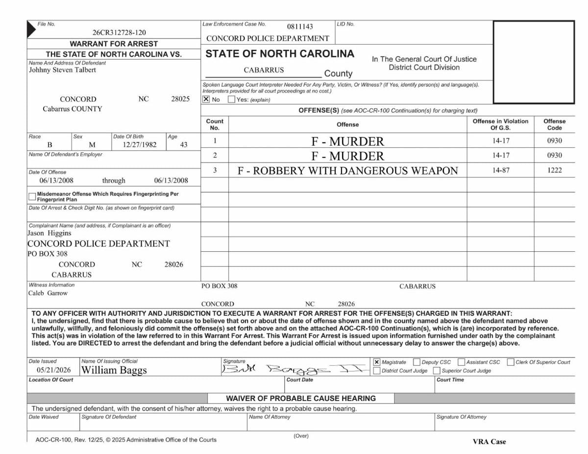 Warrant for Arrest_Johnny Steven Talbert