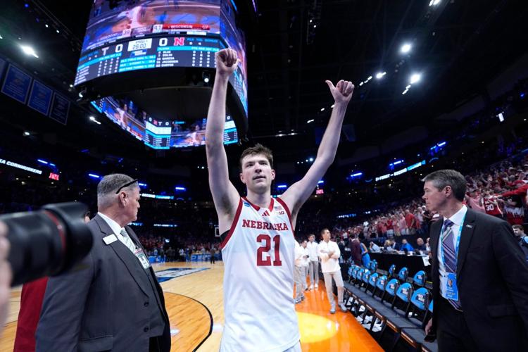 Nebraska Cornhuskers forward Pryce Sandfort (21) celebrates after a first-round game in the NCAA men's basketball tournament between Nebraska and Troy at Paycom Center in Oklahoma City, Thursday, March 19, 2026.