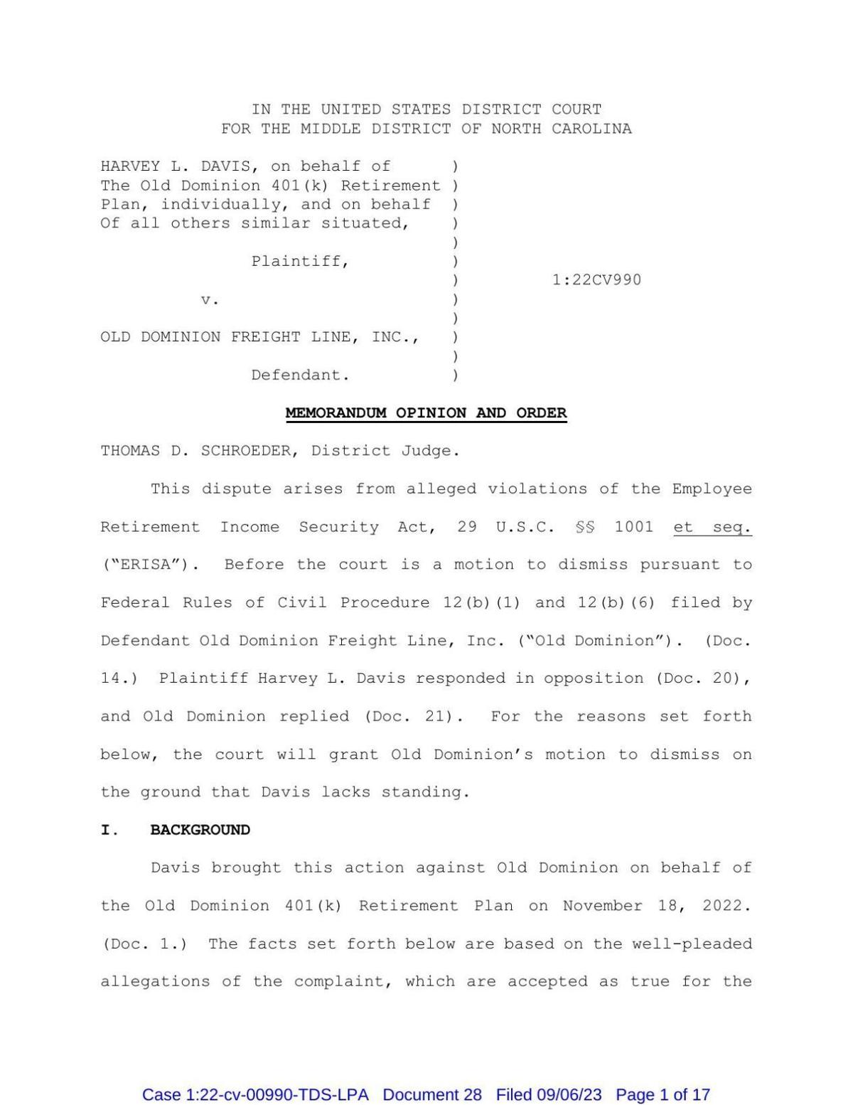 Old Dominion Freight Line employee lawsuit dismissal
