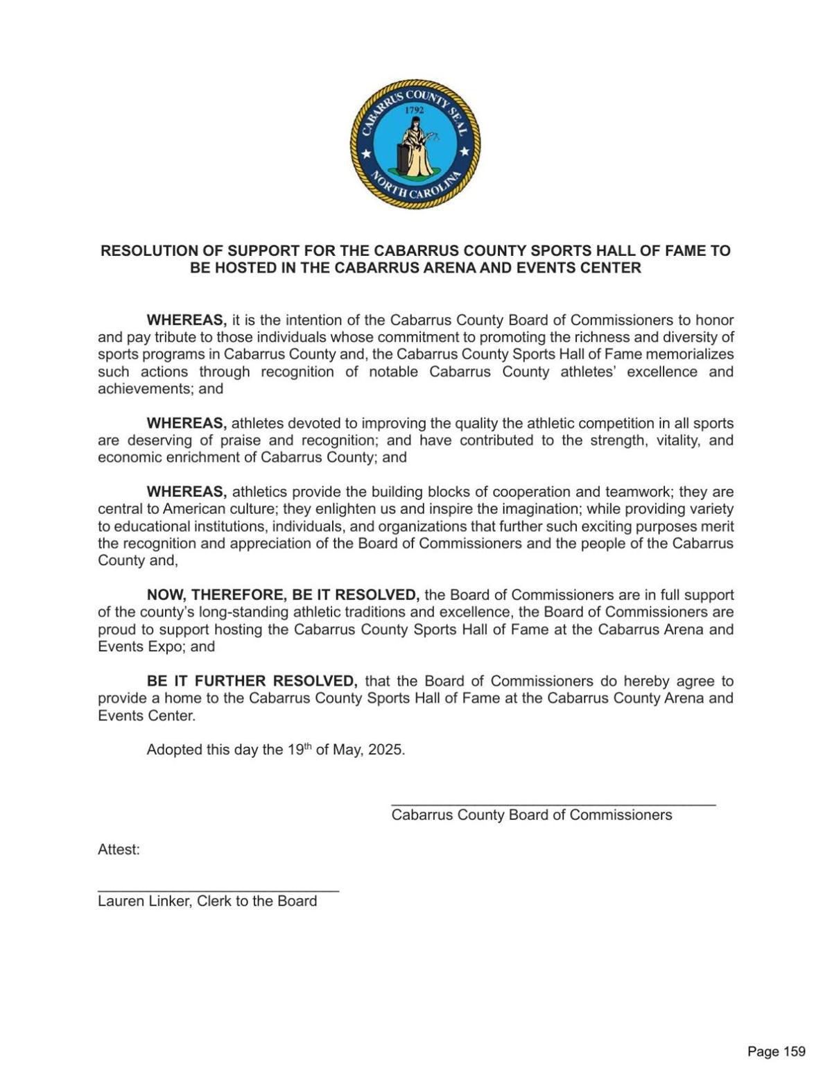 Resolution of Support for Cabarrus County Sports Hall of Fame