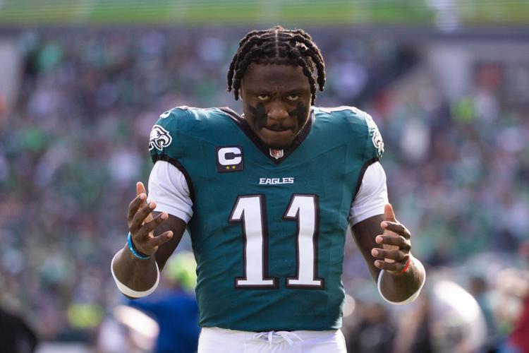 Dec 8, 2024; Philadelphia, Pennsylvania, USA; Philadelphia Eagles wide receiver A.J. Brown (11) in a game against the Carolina Panthers at Lincoln Financial Field. Mandatory Credit: Bill Streicher-Imagn Images