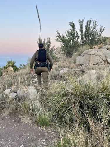 A U.S. Customs and Border Patrol agent climbs a hillside near the trail closure at Joe's Canyon Trail and the Yaqui Ridge Trail