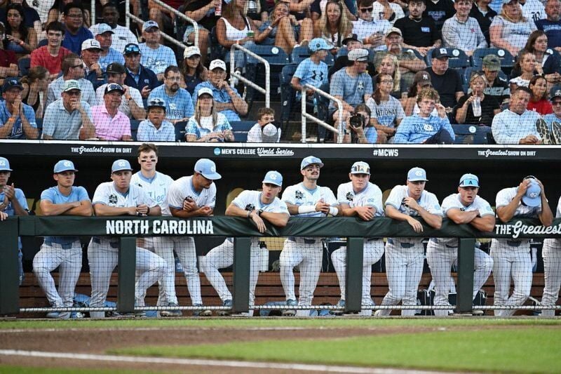 Jun 22, 2026; Omaha, NE, USA;  The North Carolina Tar Heels bench watches action against the Oklahoma Sooners during the fourth inning at Charles Schwab Field. Mandatory Credit: Steven Branscombe-Imagn Images