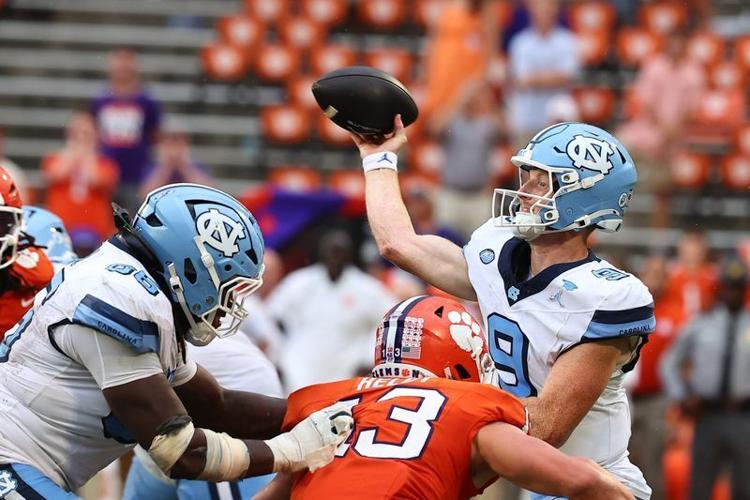 Sep 19, 2026; Clemson, South Carolina, USA;  University of North Carolina Tar Heels quarterback Billy Edwards Jr. (9) passes the ball late in the fourth quarter against the Clemson Tigers at Memorial Stadium.  Mandatory Credit: Ashley Tumlin-Imagn Images