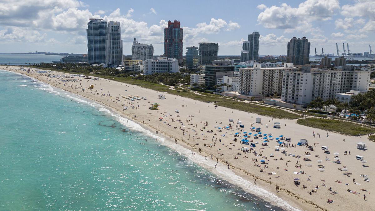 Aerial view of South Beach, where visitors are allowed to gather in Miami Beach, Florida on Monday, March 16, 2020.