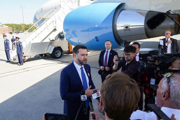 Vice President JD Vance speaks with media at the Cincinnati/Northern Kentucky International Airport on Friday, Oct. 9, 2026, in Hebron, Ky.