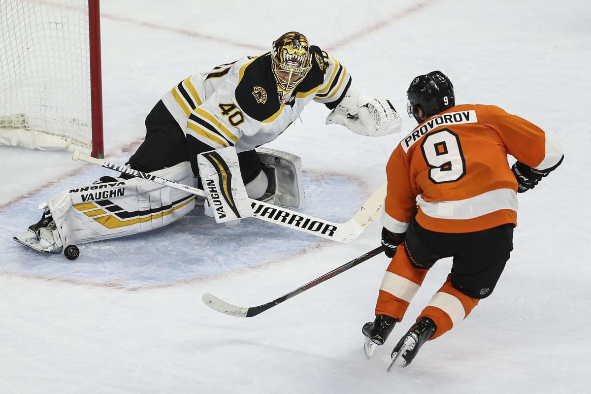 The Philadelphia Flyers' Ivan Provorov can't get the puck past Boston Bruins goalie Tuukka Rask during the third period at the Wells Fargo Center on March 10. It was the last game the Flyers played before the season was suspended March 12 because of the cornoavirus.