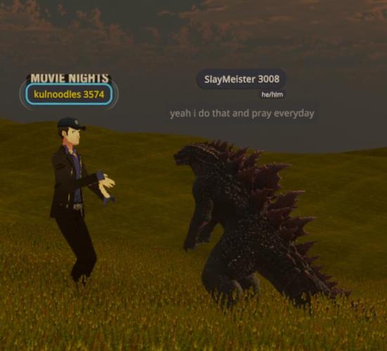 At left, Frank Kuligowski, digital strategist for Orlando-based Christian organization Cru, speaks through his avatar to a young man whose avatar resembled the film monster Godzilla, about spiritual matters in an image captured from the virtual reality pla