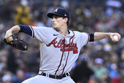 Max Fried of the Atlanta Braves pitches during the first inning of a baseball game against the San Diego Padres Apr. 17, 2023, at Petco Park in San Diego, California.