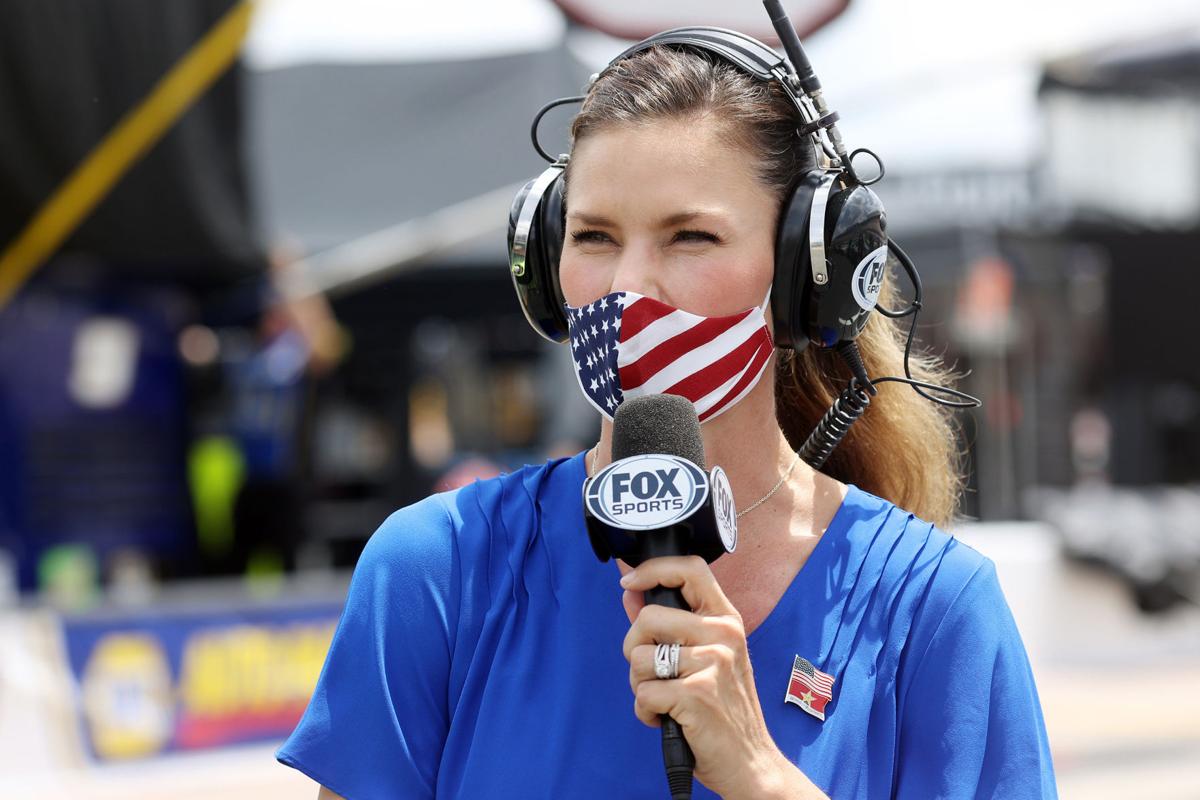NASCAR reporter Jamie Little walks the grid during qualifying for the NASCAR Cup Series Coca-Cola 600 at Charlotte Motor Speedway on Sunday, May 24, 2020 in Concord, N.C.