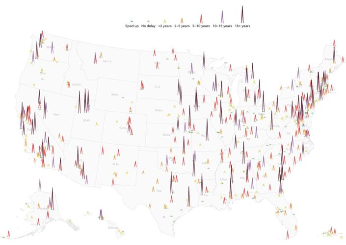 PFAS cleanup timelines at over 500 military sites have quietly shifted back since the Pentagon first announced them in 2021. Larger spikes indicate longer delays.