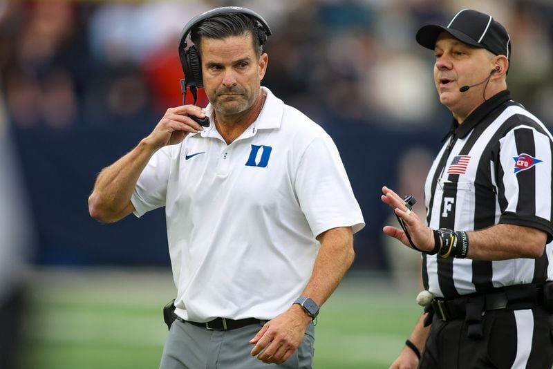 Oct 10, 2026; Atlanta, Georgia, USA; Duke Blue Devils head coach Manny Diaz talks to a referee against the Georgia Tech Yellow Jackets in the second quarter at Bobby Dodd Stadium at Hyundai Field. Mandatory Credit: Brett Davis-Imagn Images