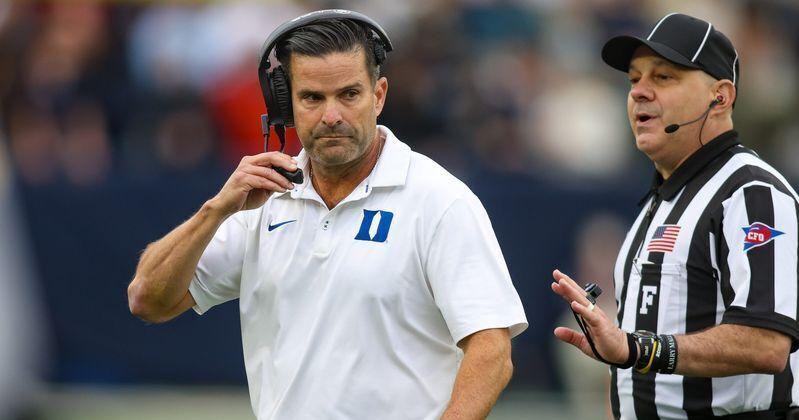 Oct 10, 2026; Atlanta, Georgia, USA; Duke Blue Devils head coach Manny Diaz talks to a referee against the Georgia Tech