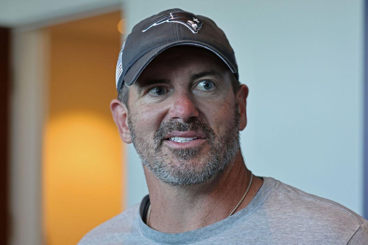 New England Patriots outside linebackers coach Mike Smith speaks after a practice at Gillette Stadium in October 2025.