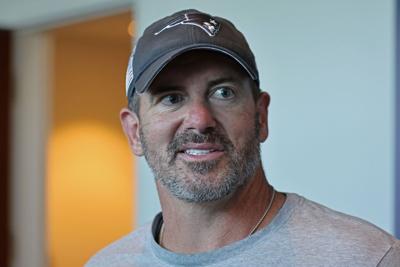 New England Patriots outside linebackers coach Mike Smith speaks after a practice at Gillette Stadium in October 2025.