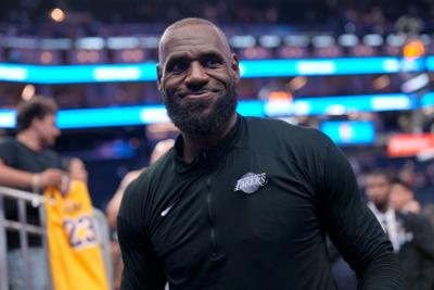 LeBron James (23) walks off the court following a Los Angeles Lakers game against the Golden State Warriors on April 9, 2026.
