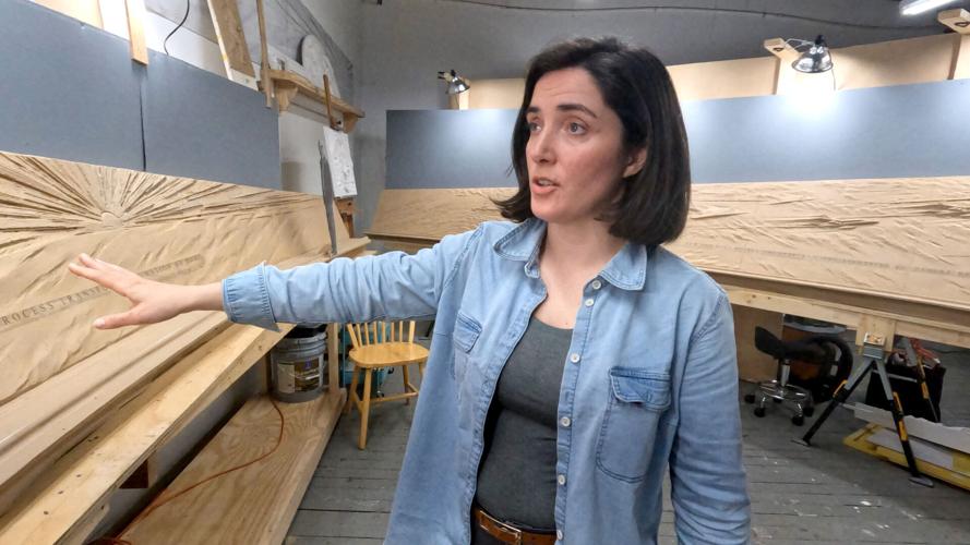 Emily Bedard, art director and lead scupltor for Foster Reeve, and artist behind the Desert Shield and Desert Storm Memorial, with her original clay creation of the memorial in her studio at the Garnerville Arts Center April 2, 2026.